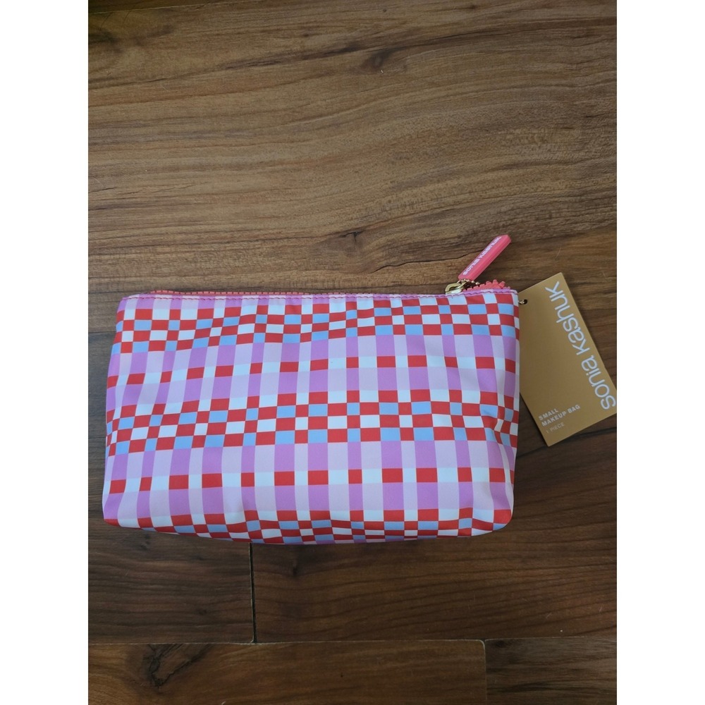 Sonia Kashuk Small Makeup Bag Pink Red Plaid Nylon Zip Travel Pouch s6